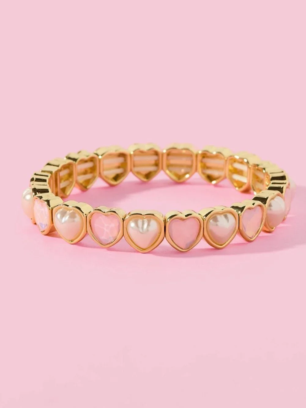 Girls Stretch Bracelet Pink Enamel Pearl Hearts